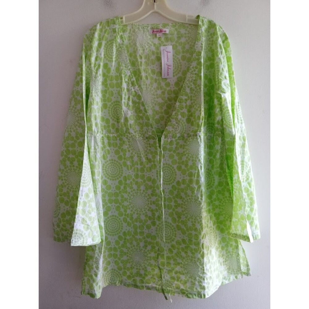 NWT Jeanine Johnson Women Green/White 100% Cotton Swimsuit Coverup Dress Large